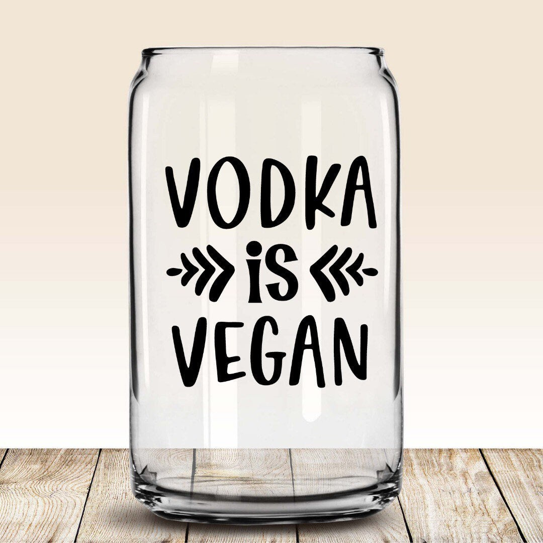 vodka is vegan glass cup with bamboo lid and straw, libbey beer can glass, gifts for mom, vodka soda glass, vodka lover gift