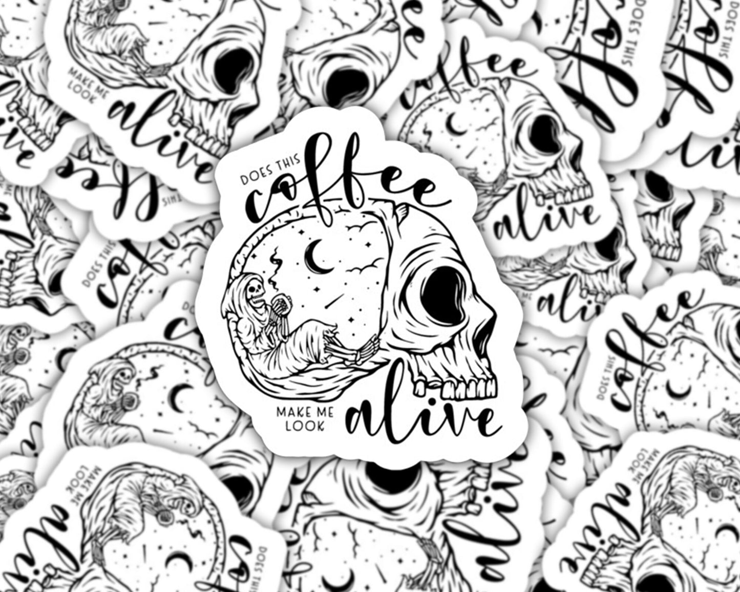 does this coffee make me look alive sticker, coffee sticker, coffee lover gift, gifts for coffee addict, coffee skeleton stickers, cafe gift