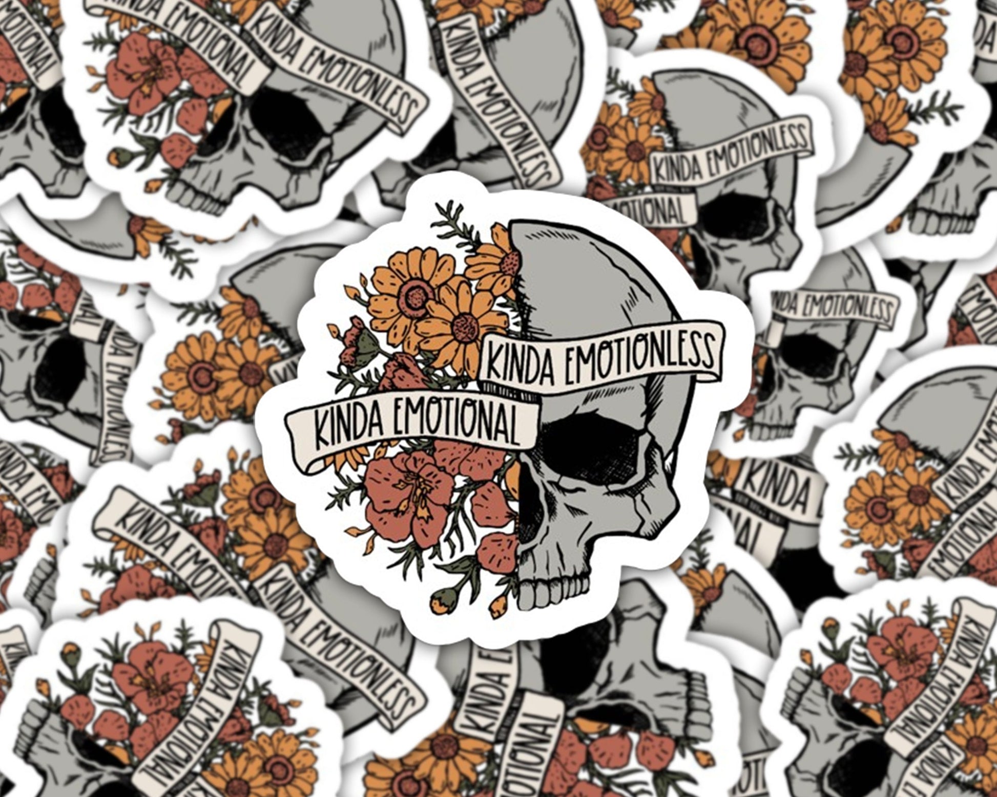 kinda emotional sticker, kinda emotionless, mental health stickers, gifts for friends, floral skeleton, gifts for her, mental health matter