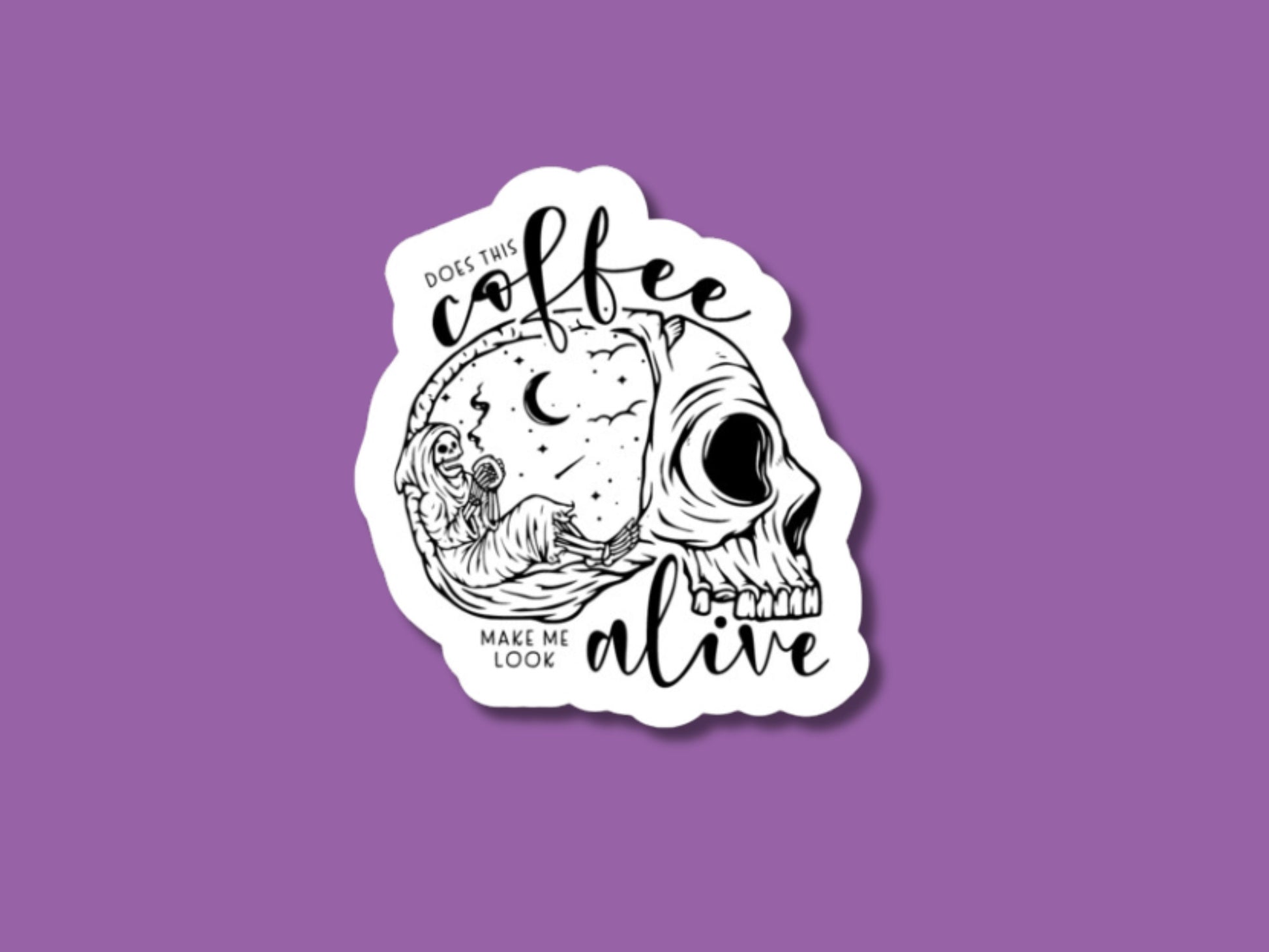 does this coffee make me look alive sticker, coffee sticker, coffee lover gift, gifts for coffee addict, coffee skeleton stickers, cafe gift