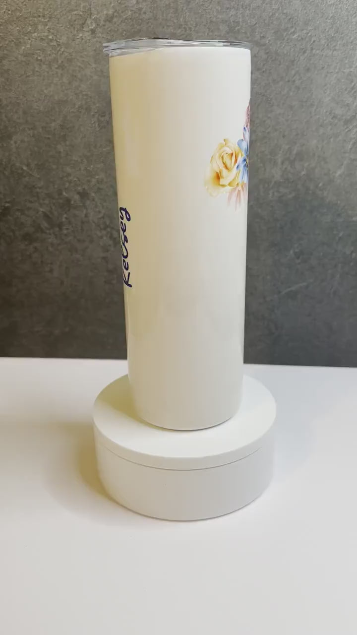 Personalized white tumbler with rose gold vinyl