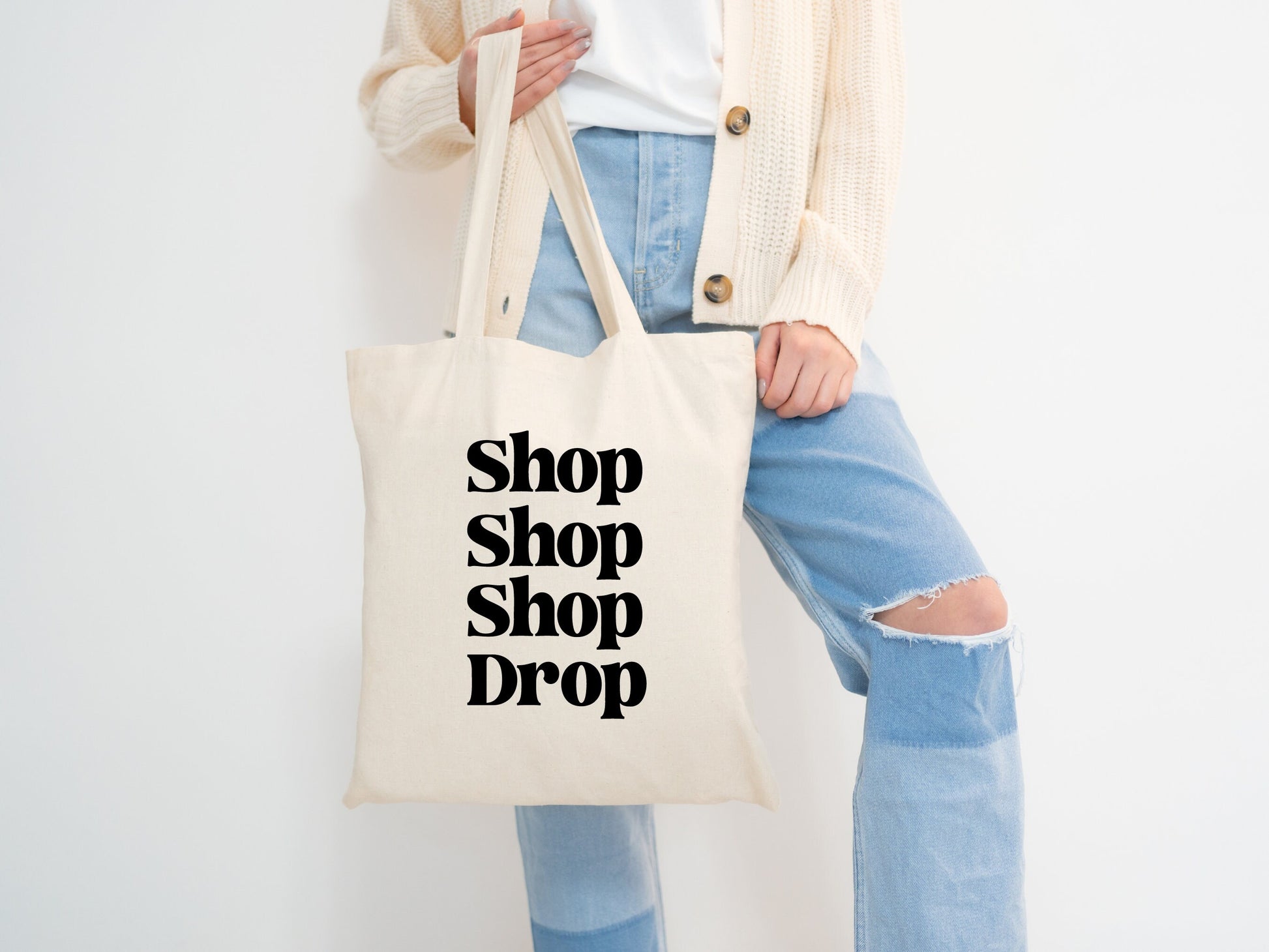 shop shop shop drop tote bag, gifts for best friends, reusable bag, thrifting tote, shopping bags, funny gifts, shopping tote