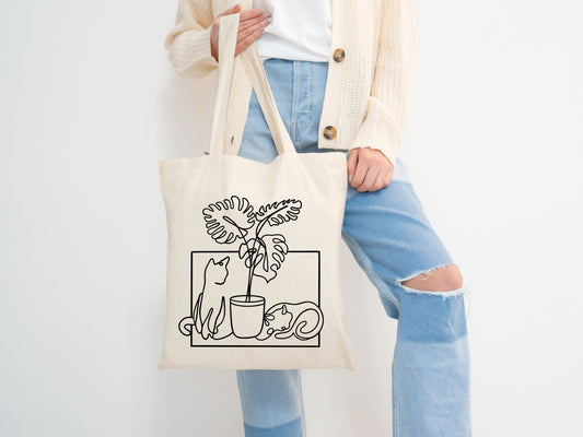 monstera cat tote bag, gifts for best friends, reusable bag, funny gifts, shopping tote, gifts for plant lover, plant gift, cat lover gift