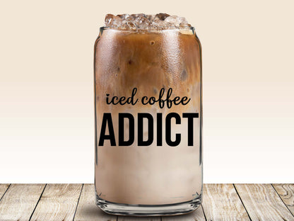 iced coffee addict glass cup with lid and straw, coffee lover gift, libbey beer can glass gift, christmas gifts for mom, coffee presents