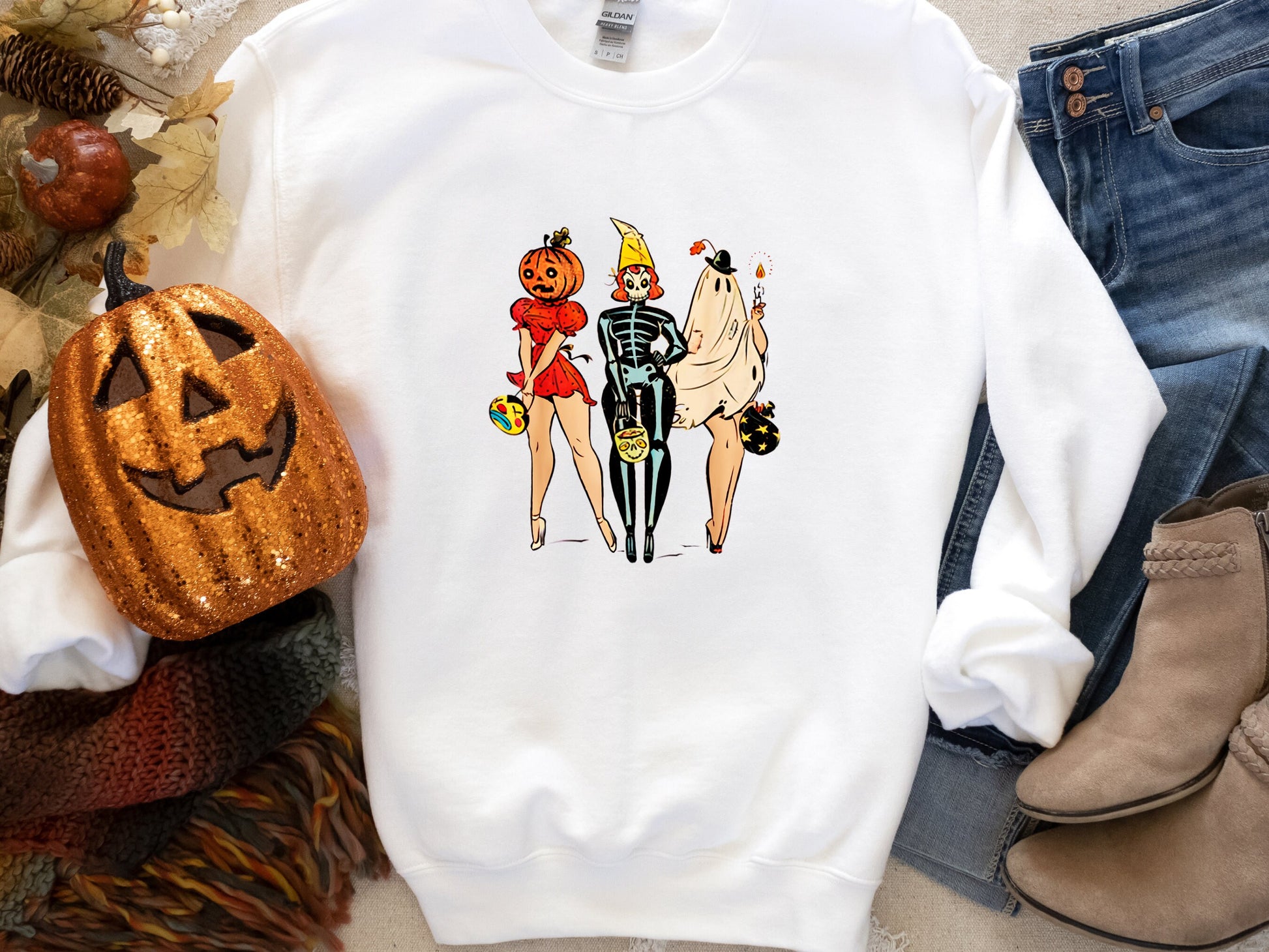 Halloween Sweatshirt, Retro Halloween Sweatshirt, Halloween Pin Up Girls Halloween