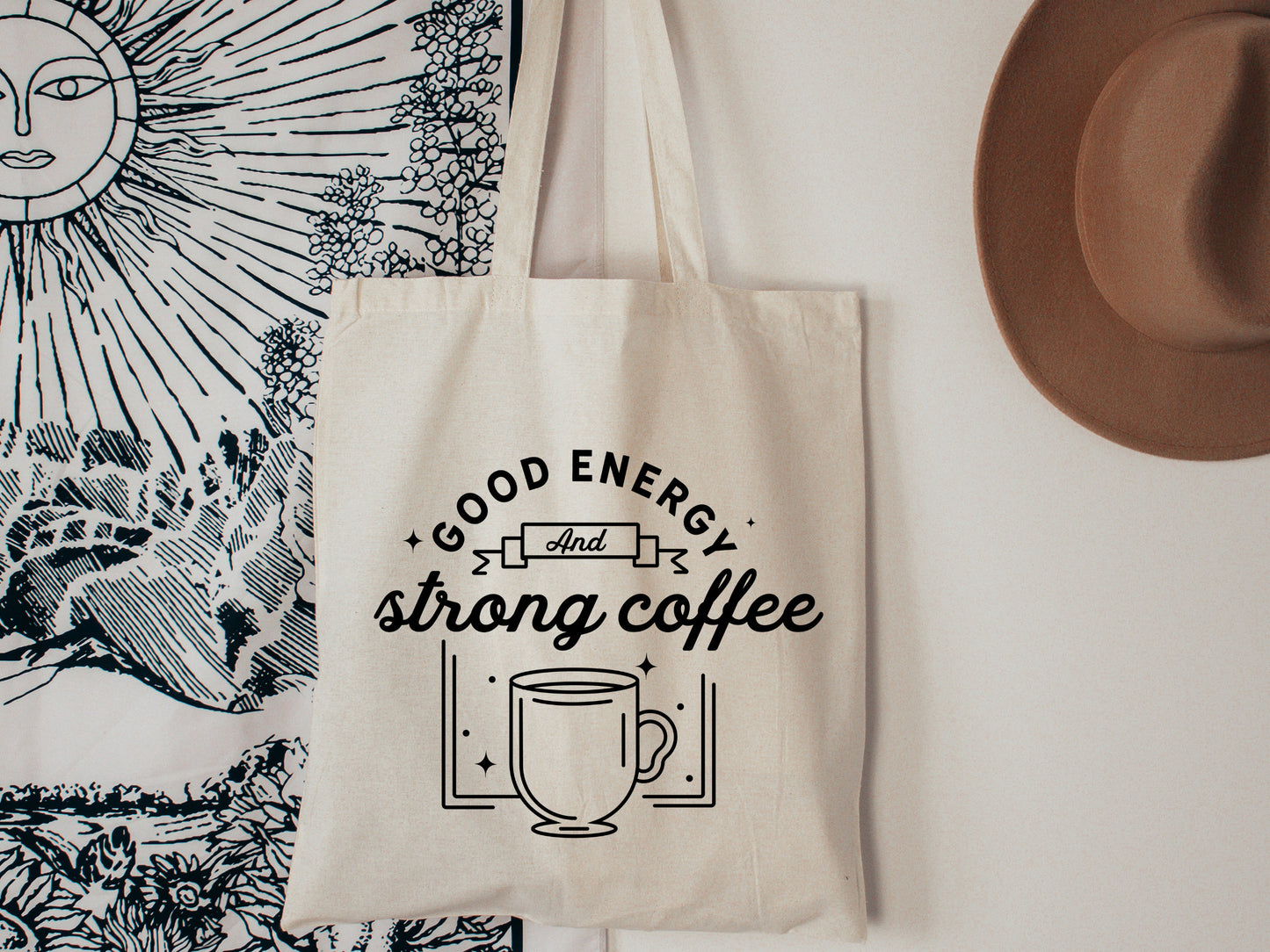 good energy and strong coffee tote bag, gifts for best friends, reusable bag, gifts for plant lover, coffee lover gifts, good vibes gift